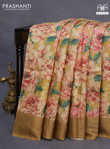 Pure tussar silk saree mustard shade with allover floral design pita work and zari woven border