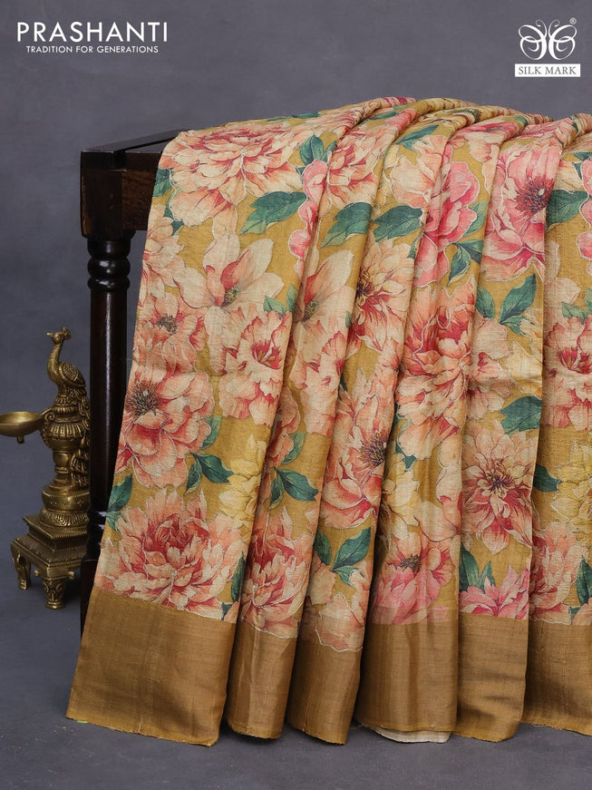 Pure tussar silk saree mustard shade with allover floral design pita work and zari woven border