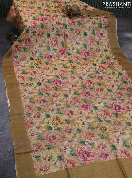 Pure tussar silk saree mustard shade with allover floral design pita work and zari woven border