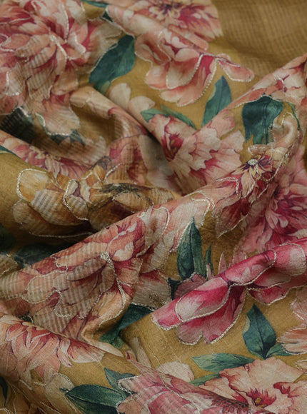 Pure tussar silk saree mustard shade with allover floral design pita work and zari woven border