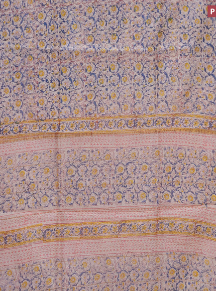 Chanderi bagru saree cream and light pink with allover floral prints and small zari woven border