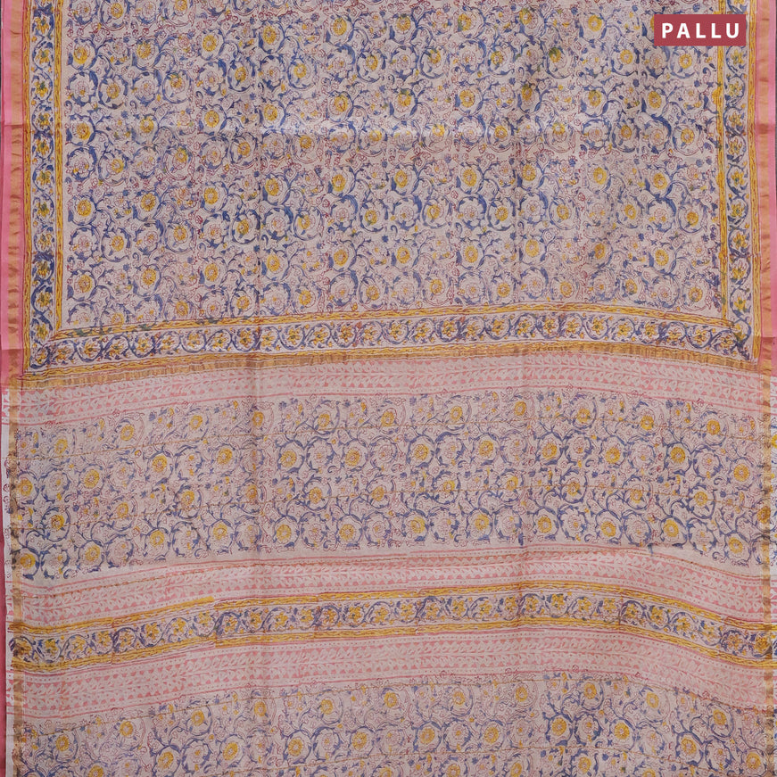 Chanderi bagru saree cream and light pink with allover floral prints and small zari woven border