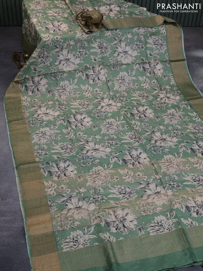 Pure tussar silk saree green shade with allover floral design pita work and zari woven border