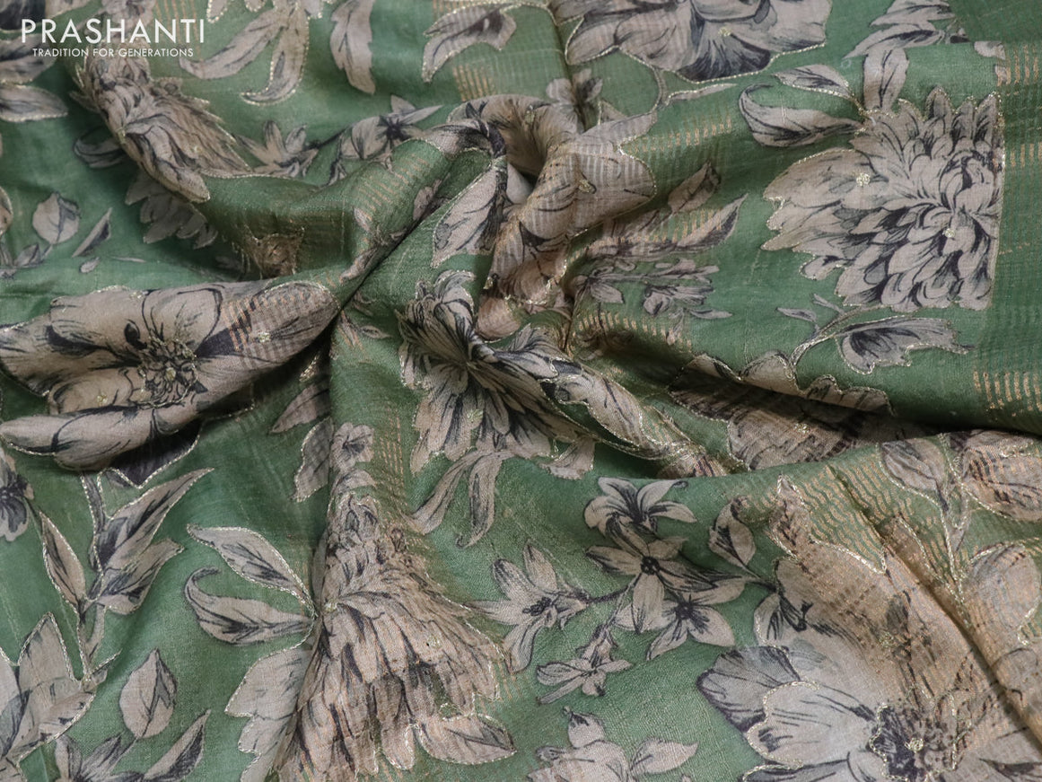 Pure tussar silk saree green shade with allover floral design pita work and zari woven border