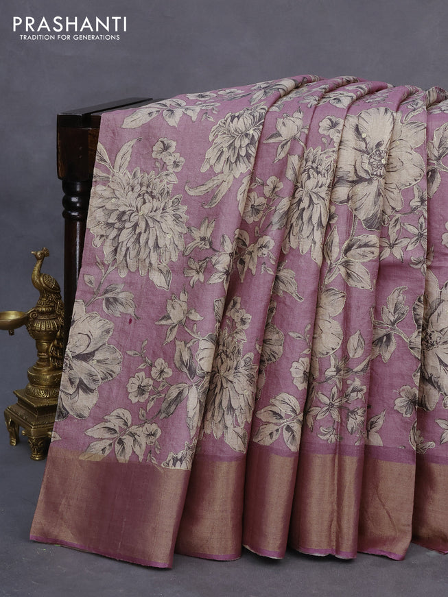 Pure tussar silk saree mauve pink with allover floral design pita work and zari woven border