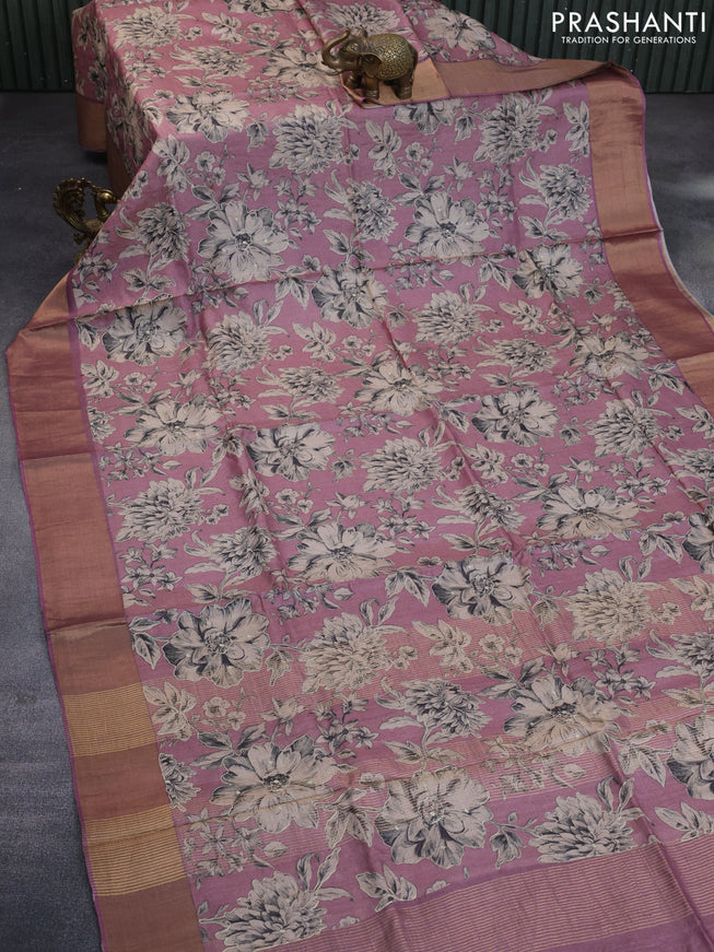 Pure tussar silk saree mauve pink with allover floral design pita work and zari woven border