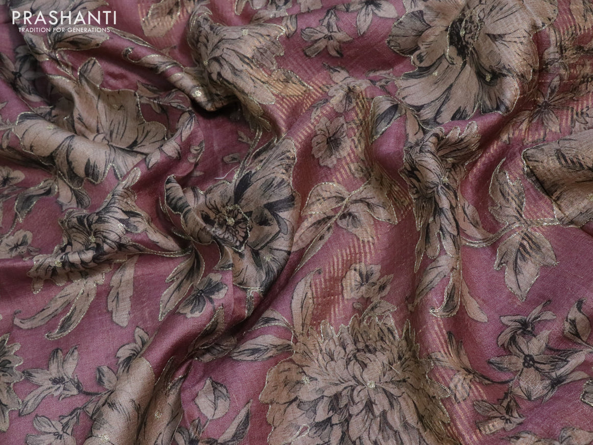 Pure tussar silk saree mauve pink with allover floral design pita work and zari woven border