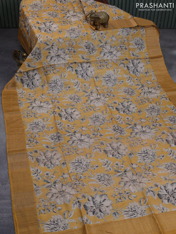 Pure tussar silk saree mustard yellow with allover floral design pita work and zari woven border