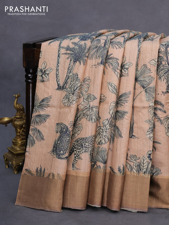 Pure tussar silk saree cream and brown shade with allover floral design pita work and zari woven border