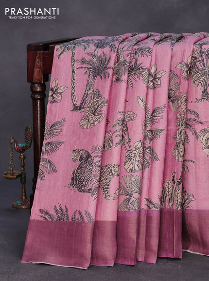 Pure tussar silk saree pastel pink and mild purple with allover floral design pita work and zari woven border