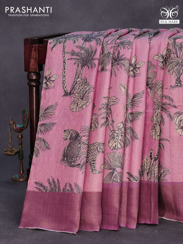 Pure tussar silk saree pastel pink and mild purple with allover floral design pita work and zari woven border