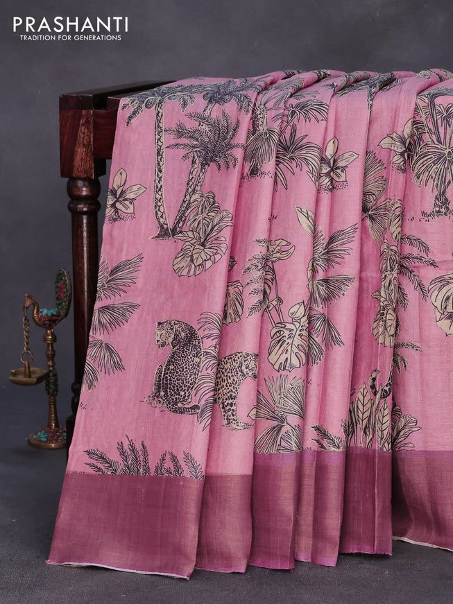 Pure tussar silk saree pastel pink and mild purple with allover floral design pita work and zari woven border