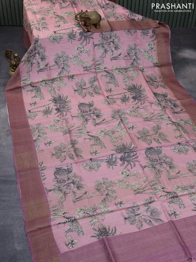 Pure tussar silk saree pastel pink and mild purple with allover floral design pita work and zari woven border