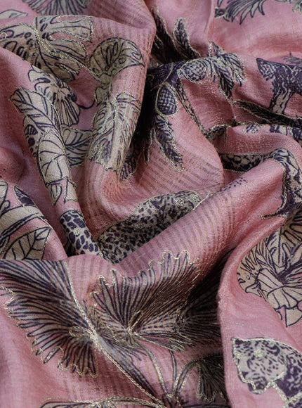 Pure tussar silk saree pastel pink and mild purple with allover floral design pita work and zari woven border