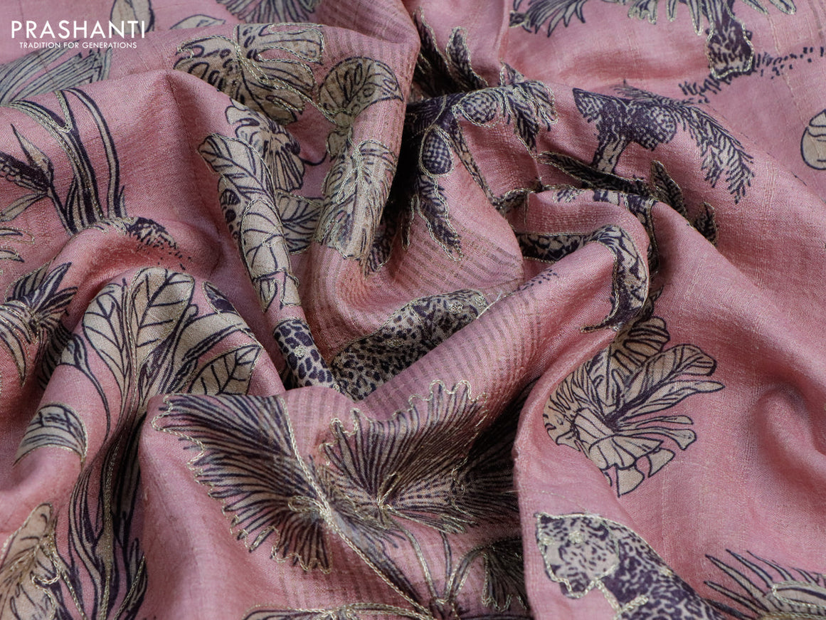 Pure tussar silk saree pastel pink and mild purple with allover floral design pita work and zari woven border