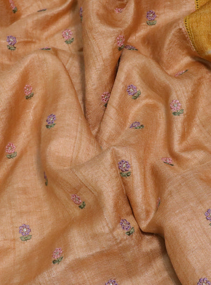 Pure tussar silk saree sandal with allover embroidery work floral weaves and tie & dye border