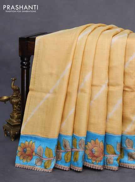 Pure tussar silk saree yellow and blue with allover tie & dye prints and crocia lace work