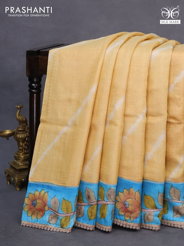 Pure tussar silk saree yellow and blue with allover tie & dye prints and crocia lace work