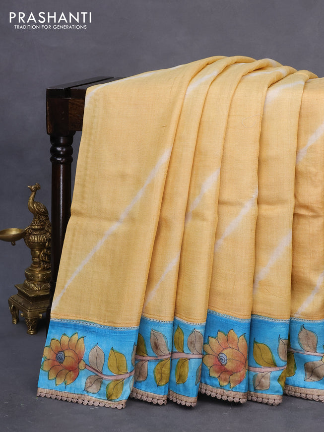 Pure tussar silk saree yellow and blue with allover tie & dye prints and crocia lace work