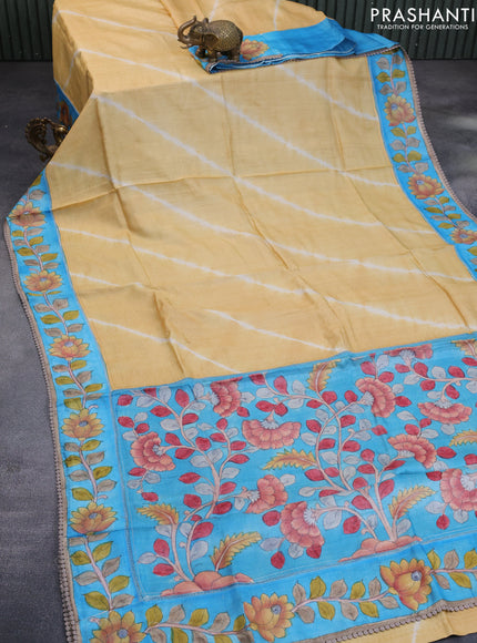 Pure tussar silk saree yellow and blue with allover tie & dye prints and crocia lace work