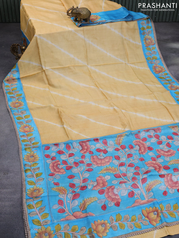 Pure tussar silk saree yellow and blue with allover tie & dye prints and crocia lace work