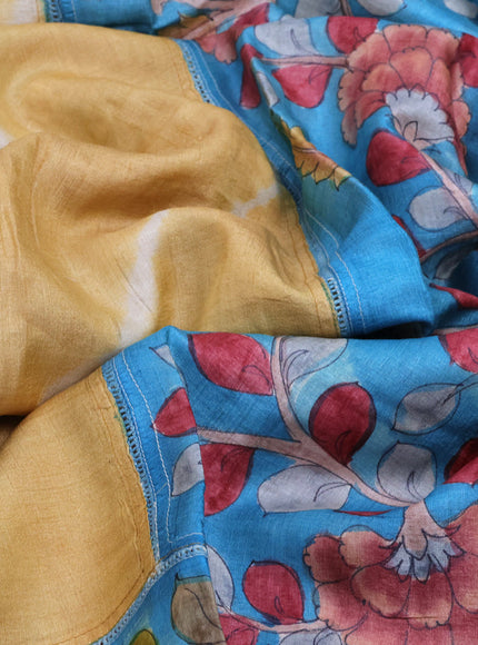 Pure tussar silk saree yellow and blue with allover tie & dye prints and crocia lace work