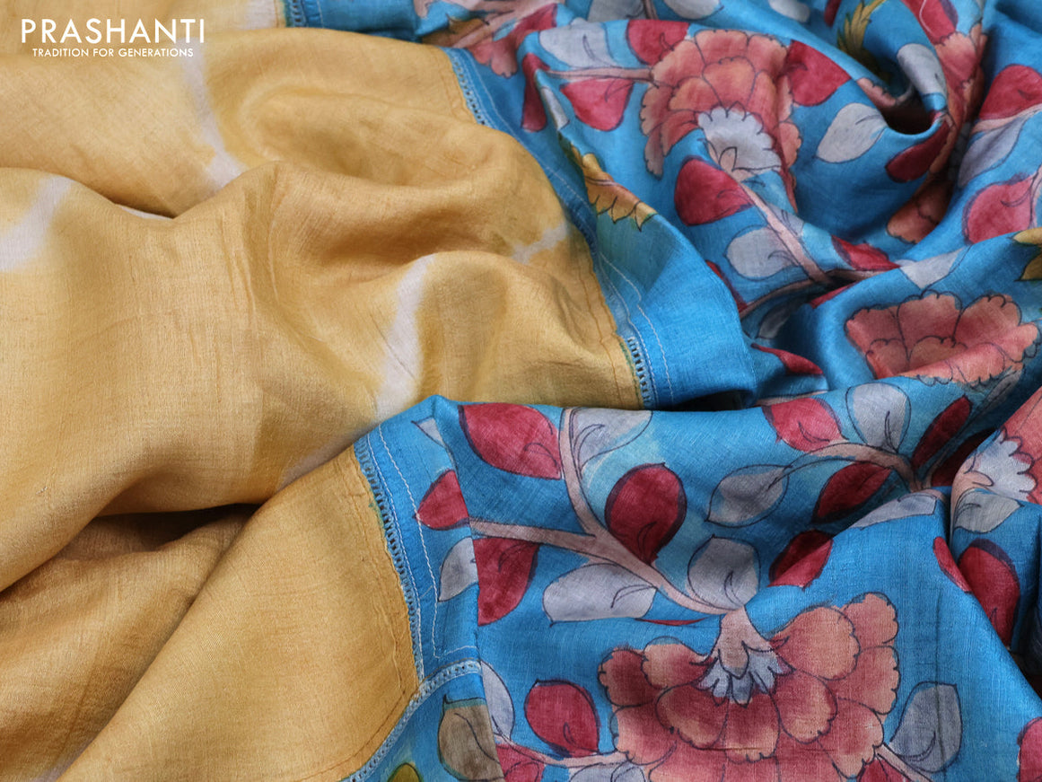 Pure tussar silk saree yellow and blue with allover tie & dye prints and crocia lace work