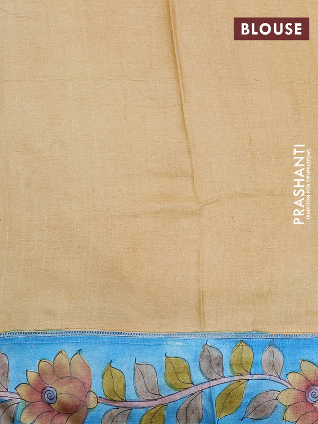 Pure tussar silk saree yellow and blue with allover tie & dye prints and crocia lace work