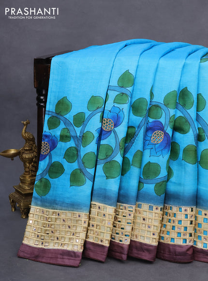 Pure tussar silk saree blue and wine shade with kalamkari prints & cut work and cut work border