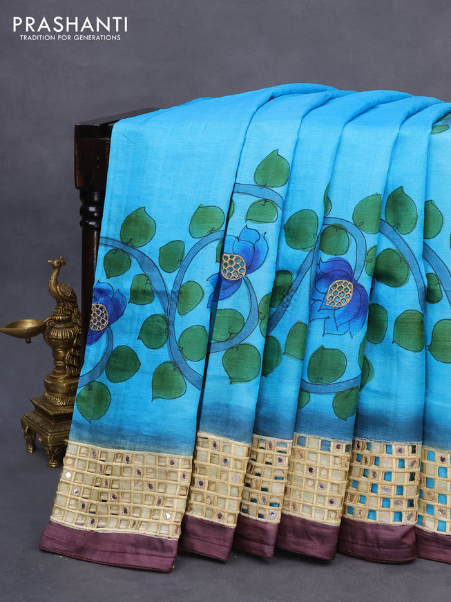 Pure tussar silk saree blue and wine shade with kalamkari prints & cut work and cut work border