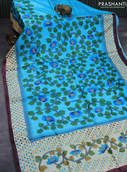 Pure tussar silk saree blue and wine shade with kalamkari prints & cut work and cut work border