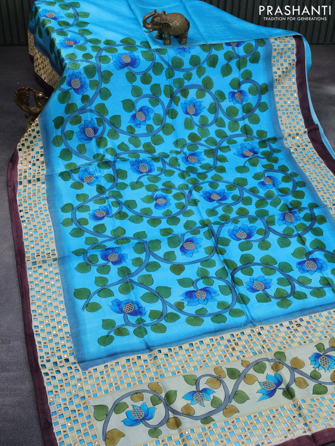 Pure tussar silk saree blue and wine shade with kalamkari prints & cut work and cut work border