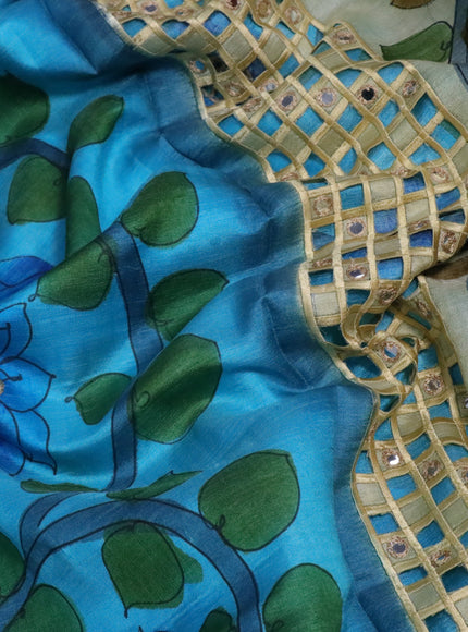 Pure tussar silk saree blue and wine shade with kalamkari prints & cut work and cut work border