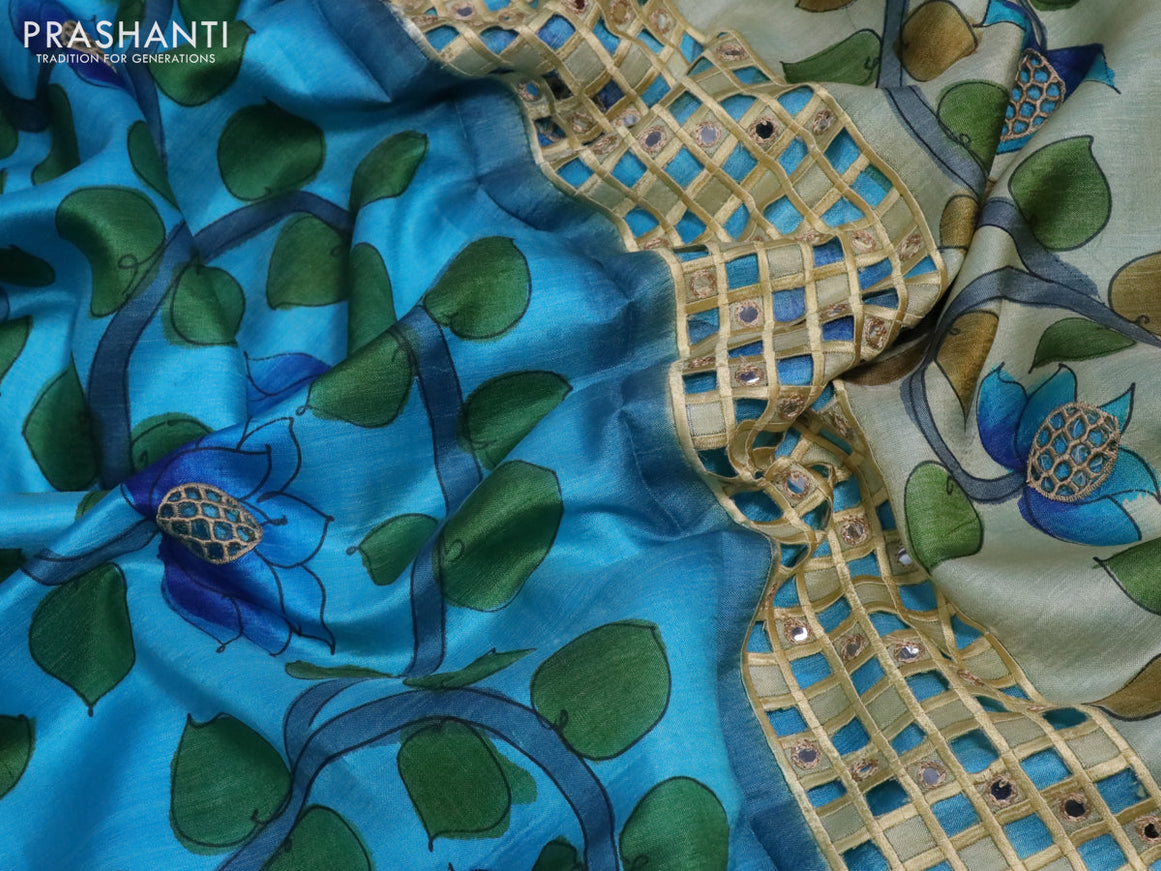 Pure tussar silk saree blue and wine shade with kalamkari prints & cut work and cut work border