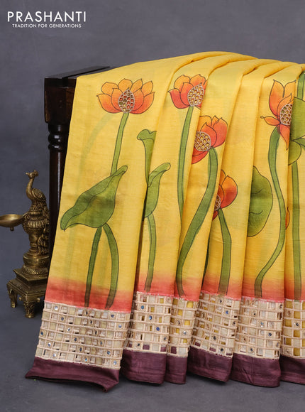 Pure tussar silk saree yellow and wine shade with kalamkari prints & cut work and cut work border