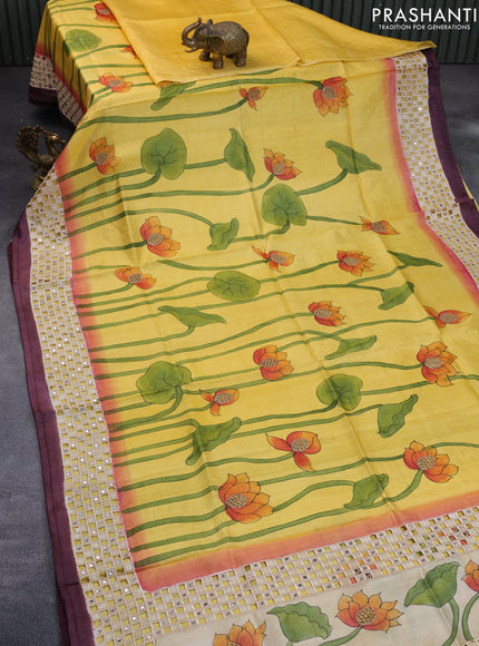 Pure tussar silk saree yellow and wine shade with kalamkari prints & cut work and cut work border