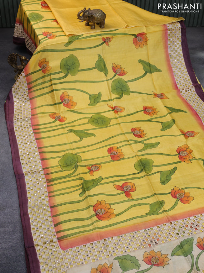 Pure tussar silk saree yellow and wine shade with kalamkari prints & cut work and cut work border