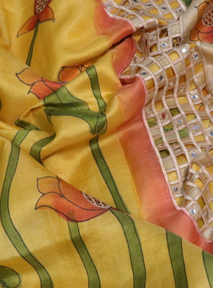 Pure tussar silk saree yellow and wine shade with kalamkari prints & cut work and cut work border