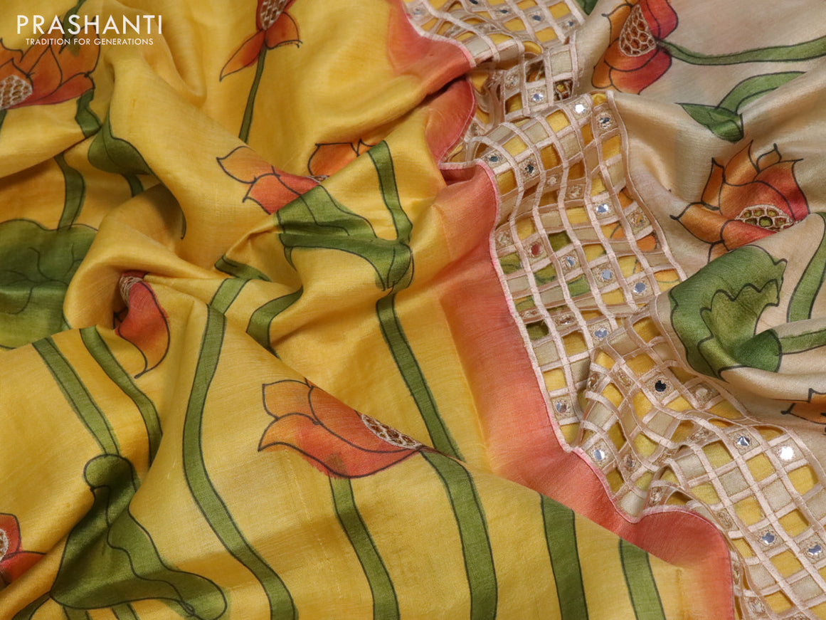 Pure tussar silk saree yellow and wine shade with kalamkari prints & cut work and cut work border