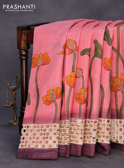 Pure tussar silk saree pink shade and deep wine shade with allover hand painted prints and embroidery cut work border