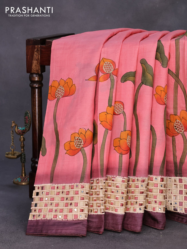 Pure tussar silk saree pink shade and deep wine shade with allover hand painted prints and embroidery cut work border