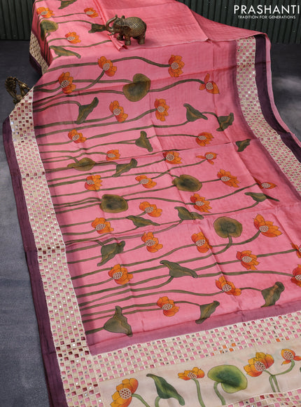 Pure tussar silk saree pink shade and deep wine shade with allover hand painted prints and embroidery cut work border