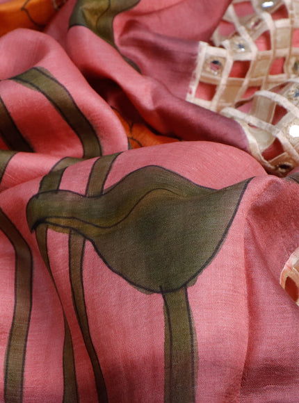 Pure tussar silk saree pink shade and deep wine shade with allover hand painted prints and embroidery cut work border