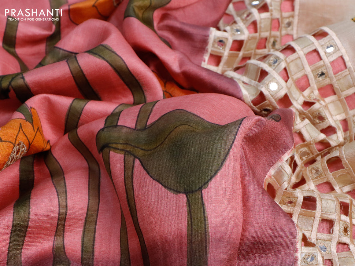 Pure tussar silk saree pink shade and deep wine shade with allover hand painted prints and embroidery cut work border