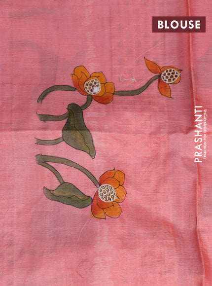 Pure tussar silk saree pink shade and deep wine shade with allover hand painted prints and embroidery cut work border