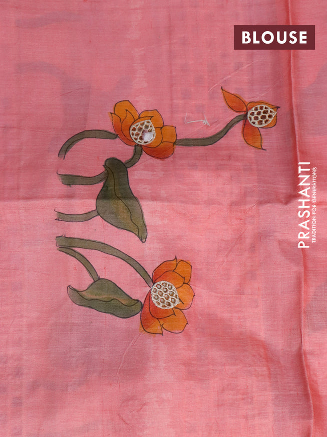 Pure tussar silk saree pink shade and deep wine shade with allover hand painted prints and embroidery cut work border