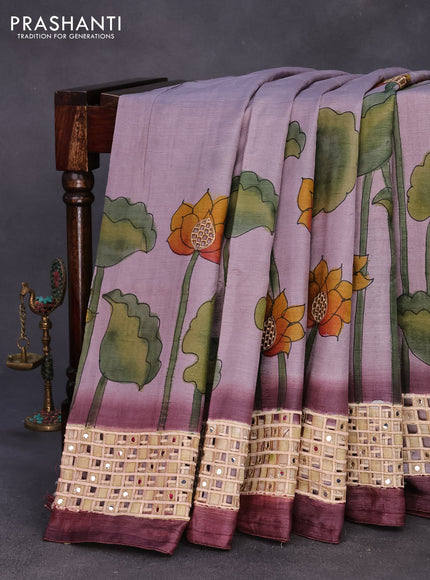 Pure tussar silk saree pastel purple and deep wine shade with allover hand painted prints and embroidery cut work border