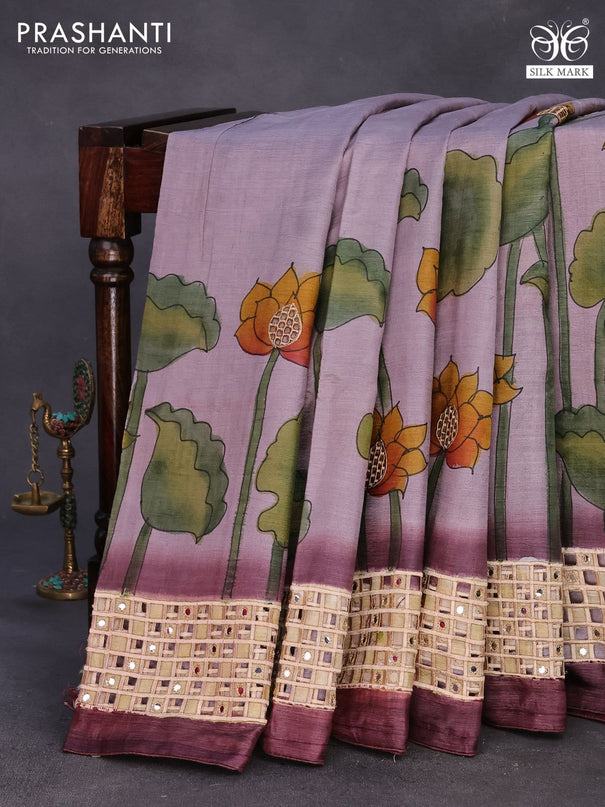 Pure tussar silk saree pastel purple and deep wine shade with allover hand painted prints and embroidery cut work border