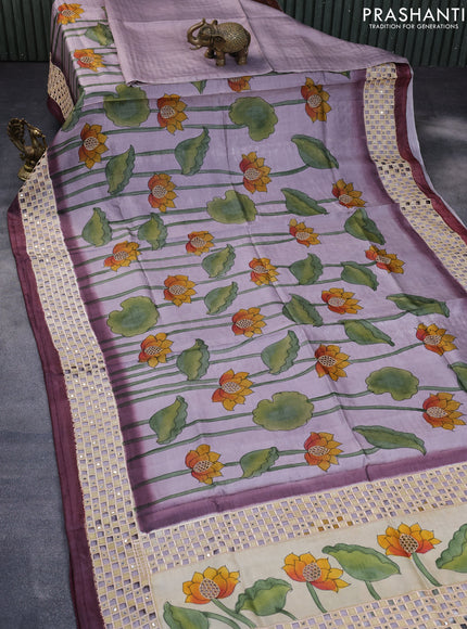 Pure tussar silk saree pastel purple and deep wine shade with allover hand painted prints and embroidery cut work border