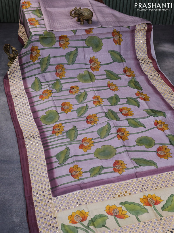 Pure tussar silk saree pastel purple and deep wine shade with allover hand painted prints and embroidery cut work border